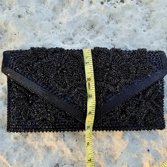 Black hand beaded Vintage 1950s Hong Kong handbag clutch purse some bead missing - Picture 5 of 12